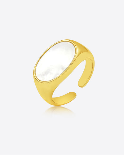 Damen Ring Silber 925 vergoldet 18k 'Evelyn' größenverstellbarer Silberring Perlmutt goldener Damenring breiter Fingerring Statement | DANIEL CLIFFORD 