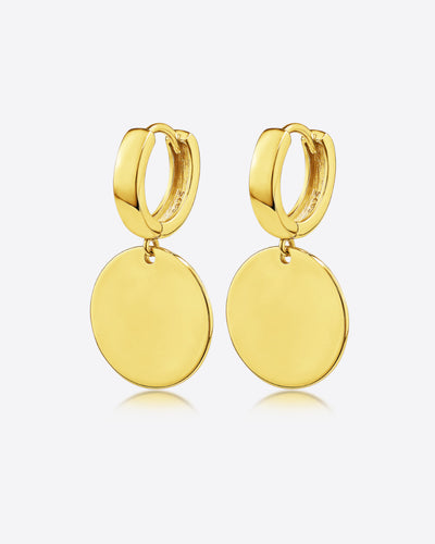 DANIEL CLIFFORD „Maia“ Damen Creolen Ohrringe Silber 925 vergoldet 18k Gold mit Anhänger Plättchen, 12mm Klapp-Creolen mit rundem Anhänger
