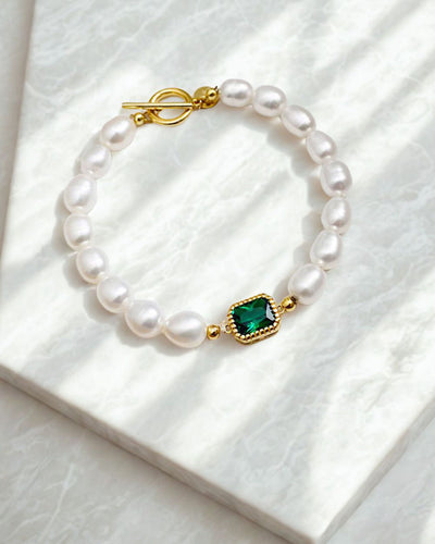 DANIEL CLIFFORD „Ellen“ Damen Armband Perlen Süßwasserzucht Silber 925 vergoldet 14k Gold & Zirkonia Kristall grün, Perlenarmband Knebel-Verschluss 