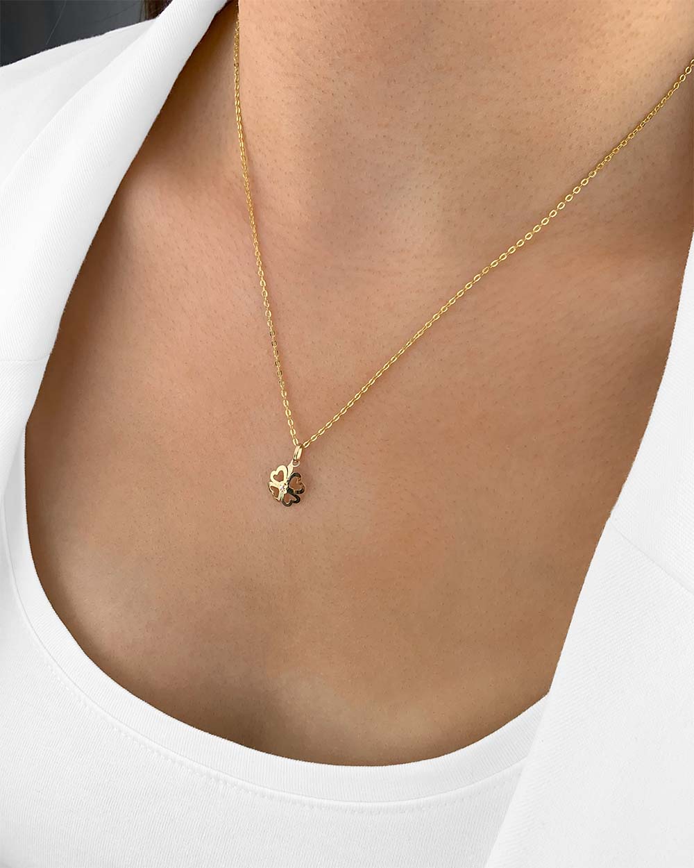 Damen Halskette Gold 375 Anhänger vierblättriges Kleeblatt Glück 'Felicitas', filigrane Goldkette Kleeblattanhänger Echtgold 9k, Glücksbringer Kette
