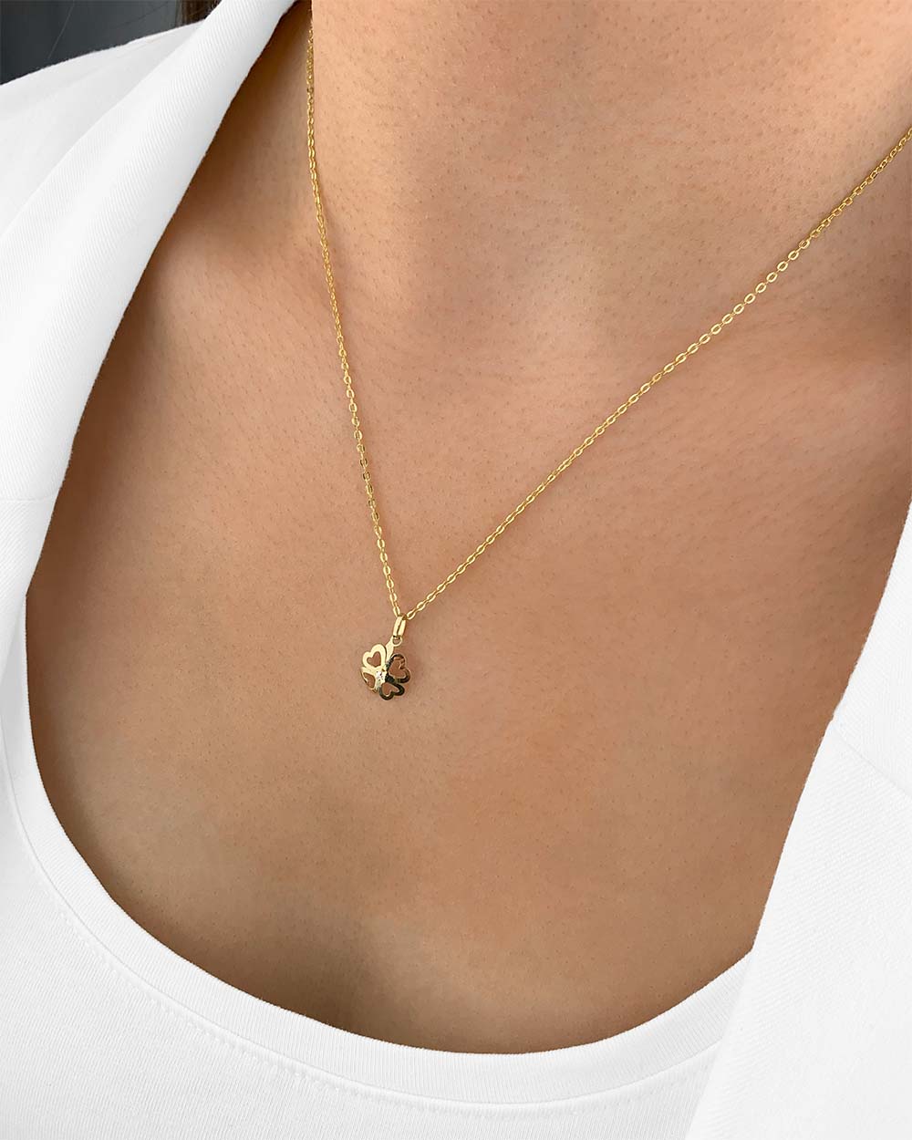 Damen Halskette Gold 375 Anhänger vierblättriges Kleeblatt Glück 'Felicitas', filigrane Goldkette Kleeblattanhänger Echtgold 9k, Glücksbringer Kette
