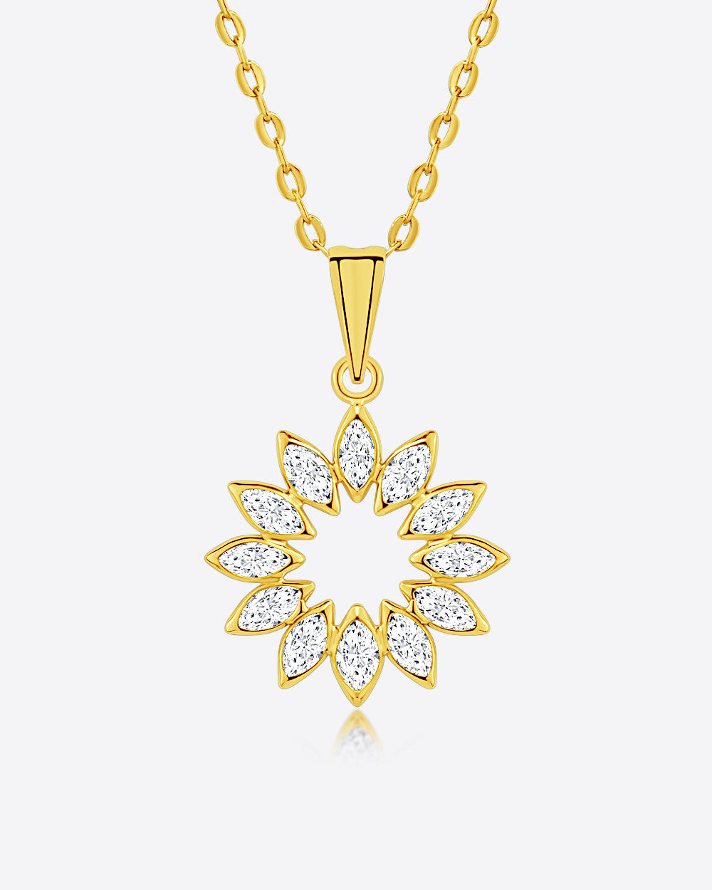 Damen Halskette Gold 375 Anhänger Kristall Blume Sonne 'Clarissa', filigrane Goldkette + funkelnder Kristallanhänger Echtgold 9k Kette Blumenanhänger 
