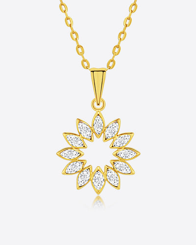 Damen Halskette Gold 375 Anhänger Kristall Blume Sonne 'Clarissa', filigrane Goldkette + funkelnder Kristallanhänger Echtgold 9k Kette Blumenanhänger 