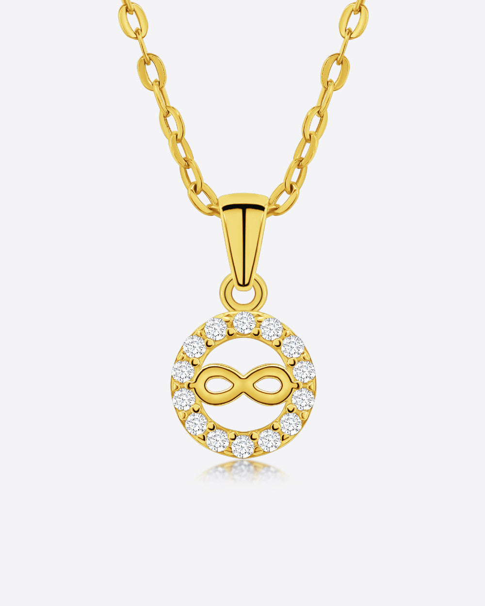 Damen Halskette Gold 375 Anhänger Unendlichkeit + Kristalle 'Eleana', filigrane Goldkette Infinity, dünne Kette mit Unendlichkeitsanhänger Echtgold 9k
