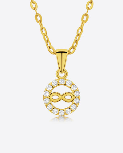 Damen Halskette Gold 375 Anhänger Unendlichkeit + Kristalle 'Eleana', filigrane Goldkette Infinity, dünne Kette mit Unendlichkeitsanhänger Echtgold 9k