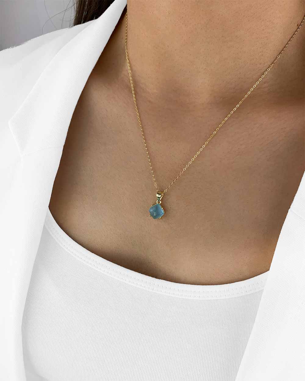 Damen Halskette Silber 925 vergoldet Edelstein Anhänger echt Aquamarin blau Aquamarinkette 'Leana', goldene Silberkette Aquamarinstein natürlich Kette