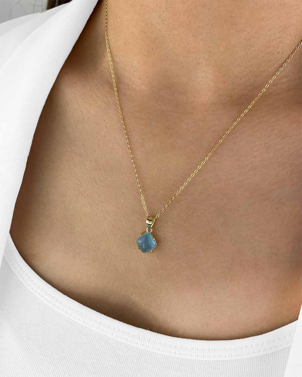 Damen Halskette Silber 925 vergoldet Edelstein Anhänger echt Aquamarin blau Aquamarinkette 'Leana', goldene Silberkette Aquamarinstein natürlich Kette