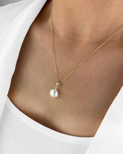 Damen Halskette Silber 925 vergoldet Anhänger 'Talina', Silberkette Perlenanhänger Kette mit einer Perle Barock Perlenkette 1 Süßwasserzuchtperle weiß