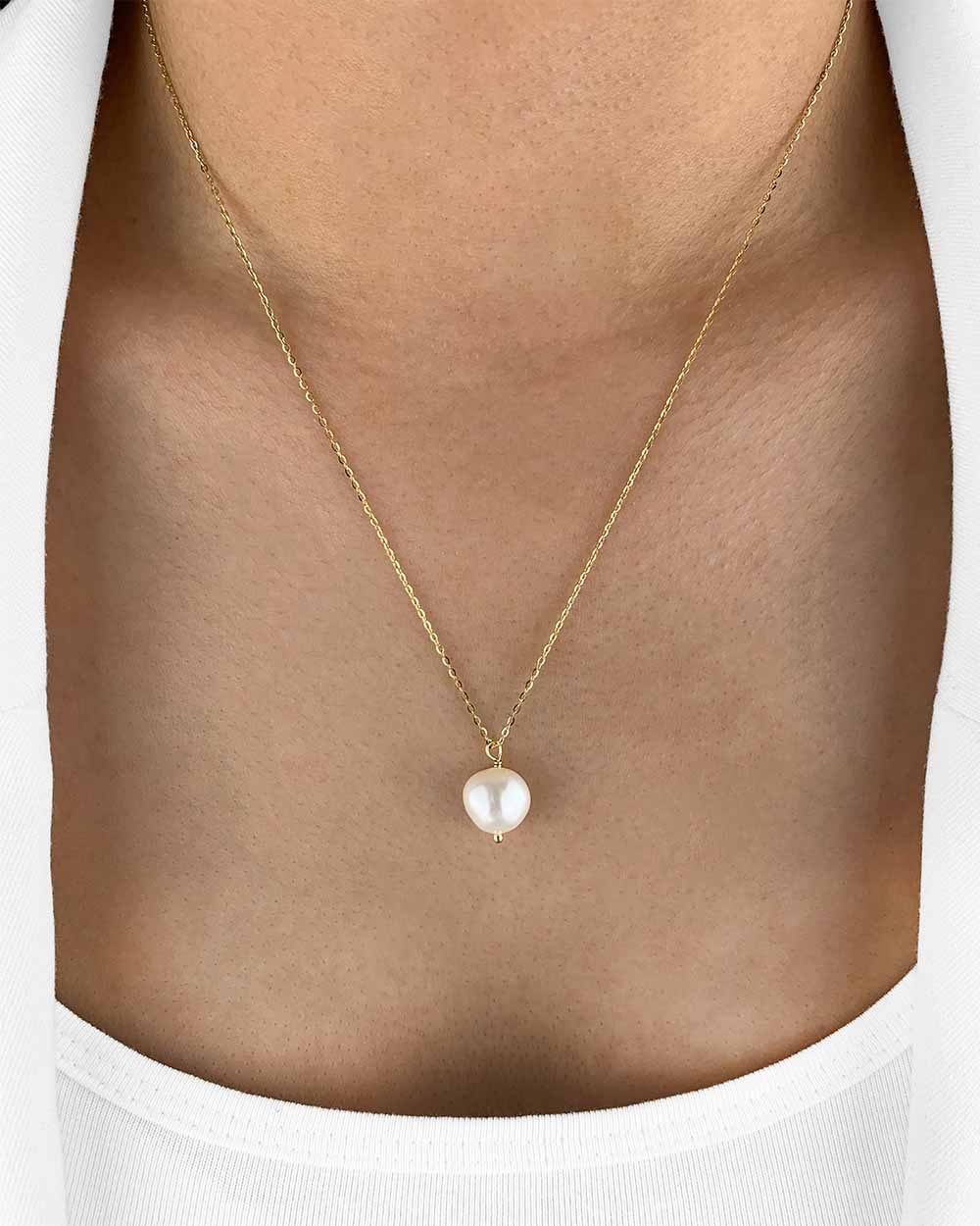 Damen Halskette Silber 925 vergoldet Anhänger 'Leandra', Silberkette Perlenanhänger Kette & eine Perle, Barock Perlenkette 1 Süßwasserzuchtperle weiß