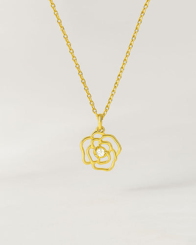 Damen Halskette Silber 925 vergoldet Anhänger Rosenblüte 'Rose', Rosenanhänger goldene Silberkette Blütenanhänger dünne Kette Blume Kristall Steinchen