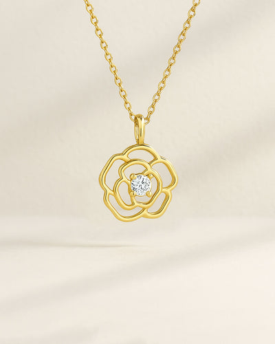 Damen Halskette Silber 925 vergoldet Anhänger Rosenblüte 'Rose', Rosenanhänger goldene Silberkette Blütenanhänger dünne Kette Blume Kristall Steinchen