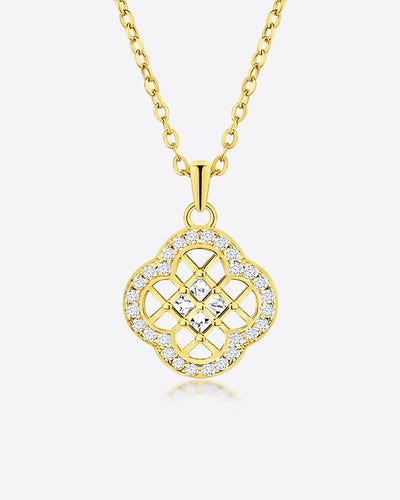 Damen Halskette Silber 925 18Karat vergoldet Anhänger Kristall Gitter 'Mirabelle', filigrane Silberkette + Kristallanhänger symmetrisch, Vierpass Quatrefoil Kette Stein