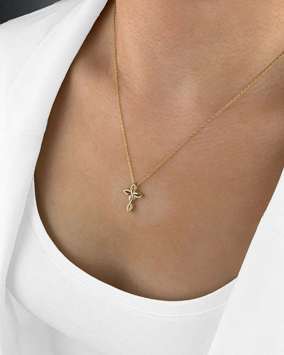 Damen Halskette Silber 925 vergoldet Anhänger Kreuz mit Kristallen 'Liora', filigrane Silberkette goldener Kreuzanhänger, dünne Kreuzkette mit Steinen