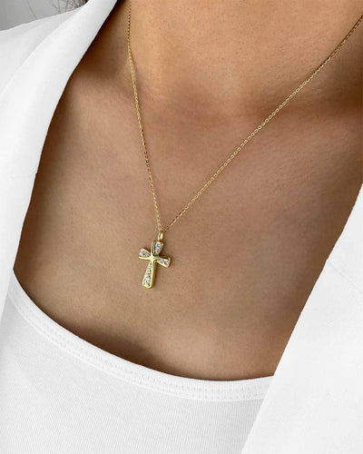 Damen Halskette Silber 925 vergoldet Kristall Anhänger Kreuz 'Irene', goldene Silberkette & Kreuzanhänger, Kreuzkette kleines Kreuz Kette echt Silber