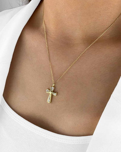 Damen Halskette Silber 925 vergoldet Kristall Anhänger Kreuz 'Irene', goldene Silberkette & Kreuzanhänger, Kreuzkette kleines Kreuz Kette echt Silber