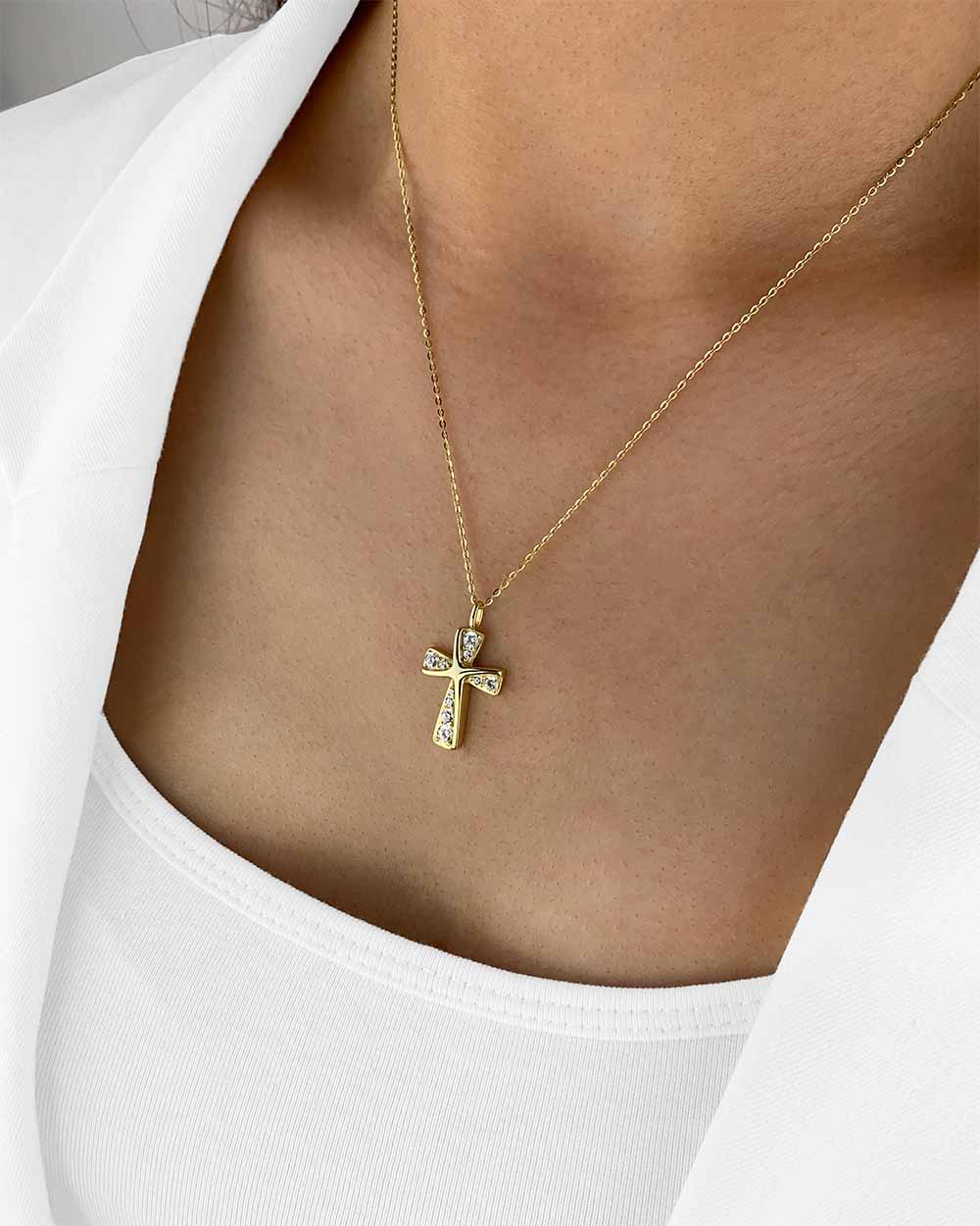 Damen Halskette Silber 925 vergoldet Kristall Anhänger Kreuz 'Irene', goldene Silberkette & Kreuzanhänger, Kreuzkette kleines Kreuz Kette echt Silber