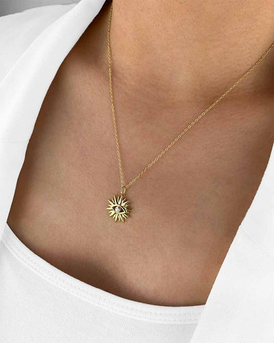 Damen Halskette Silber 925 vergoldet Stern Anhänger Sonne allsehendes Auge 'Sibella', goldene Silberkette & schützendes Auge dünne Kette mit Kristall