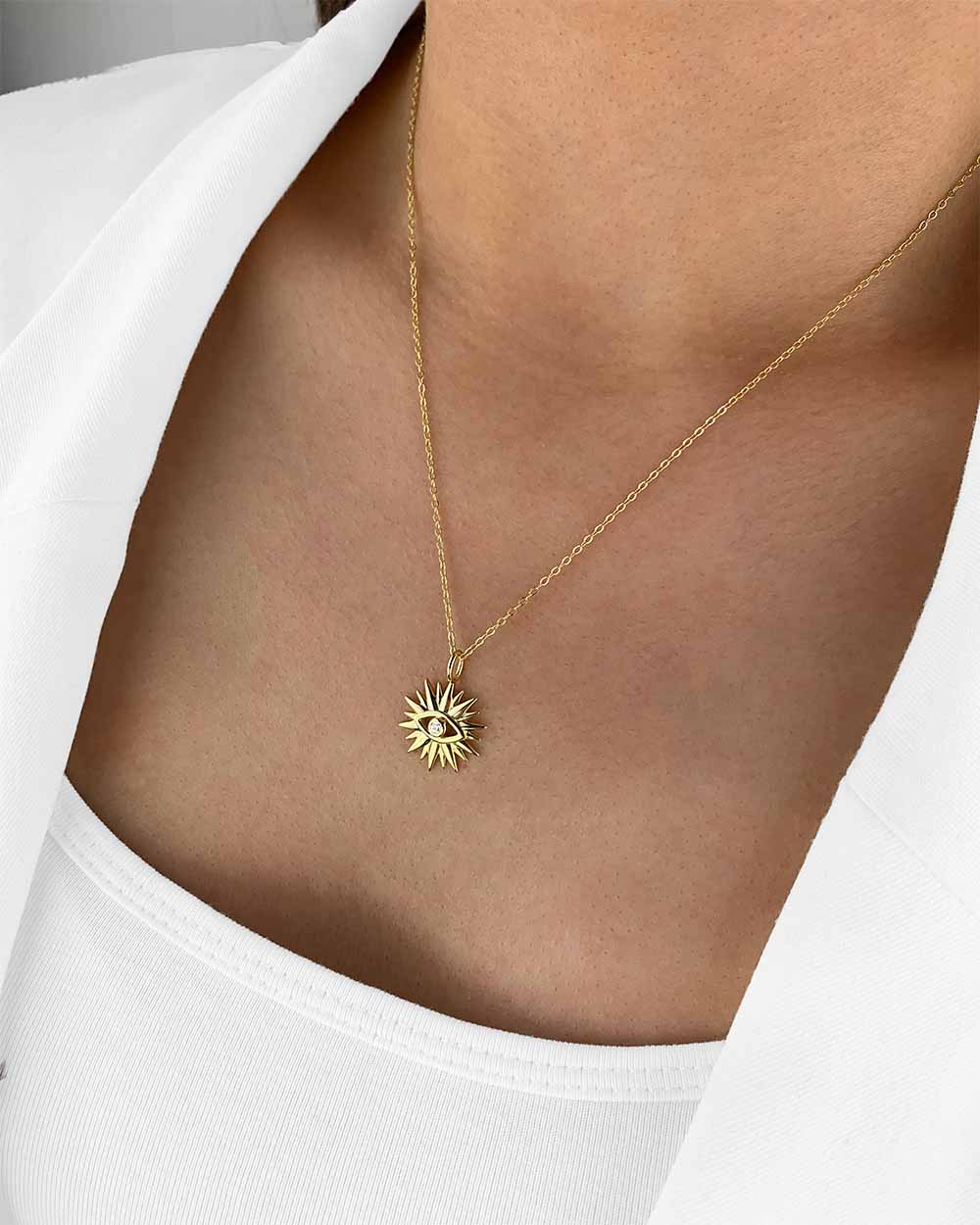 Damen Halskette Silber 925 vergoldet Stern Anhänger Sonne allsehendes Auge 'Sibella', goldene Silberkette & schützendes Auge dünne Kette mit Kristall