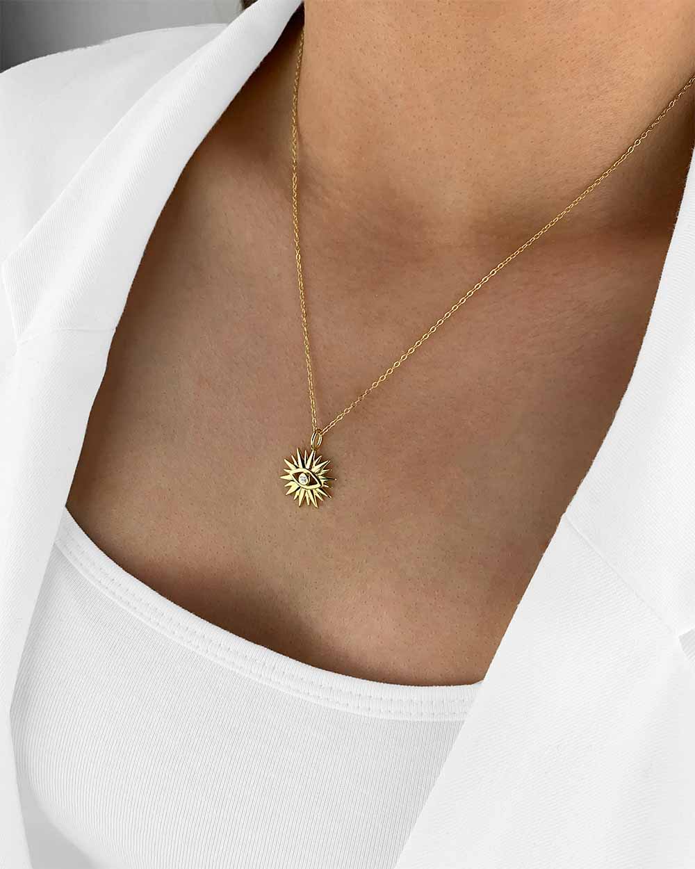 Damen Halskette Silber 925 vergoldet Stern Anhänger Sonne allsehendes Auge 'Sibella', goldene Silberkette & schützendes Auge dünne Kette mit Kristall