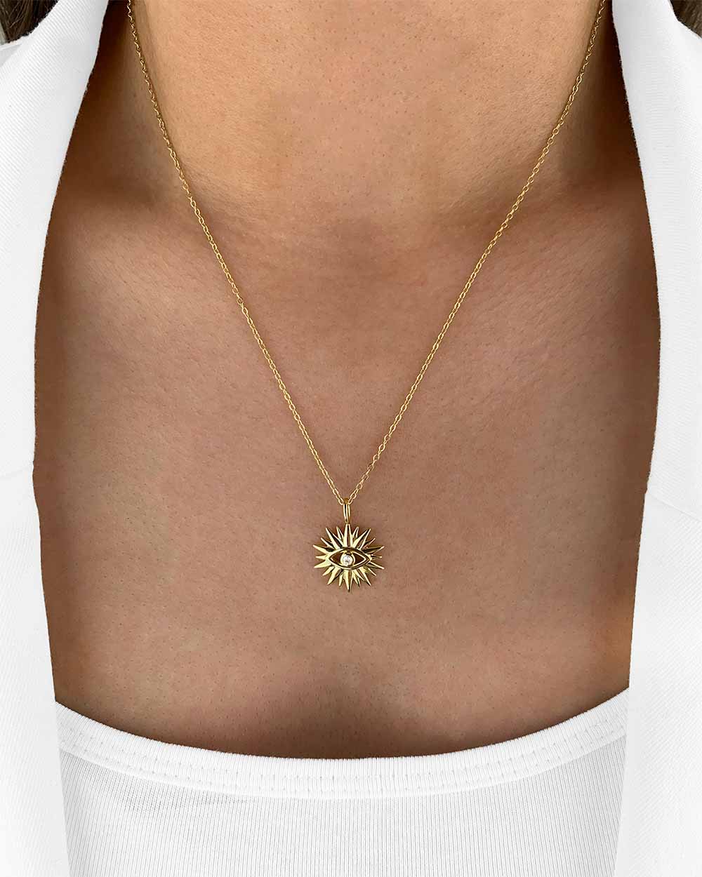 Damen Halskette Silber 925 vergoldet Stern Anhänger Sonne allsehendes Auge 'Sibella', goldene Silberkette & schützendes Auge dünne Kette mit Kristall