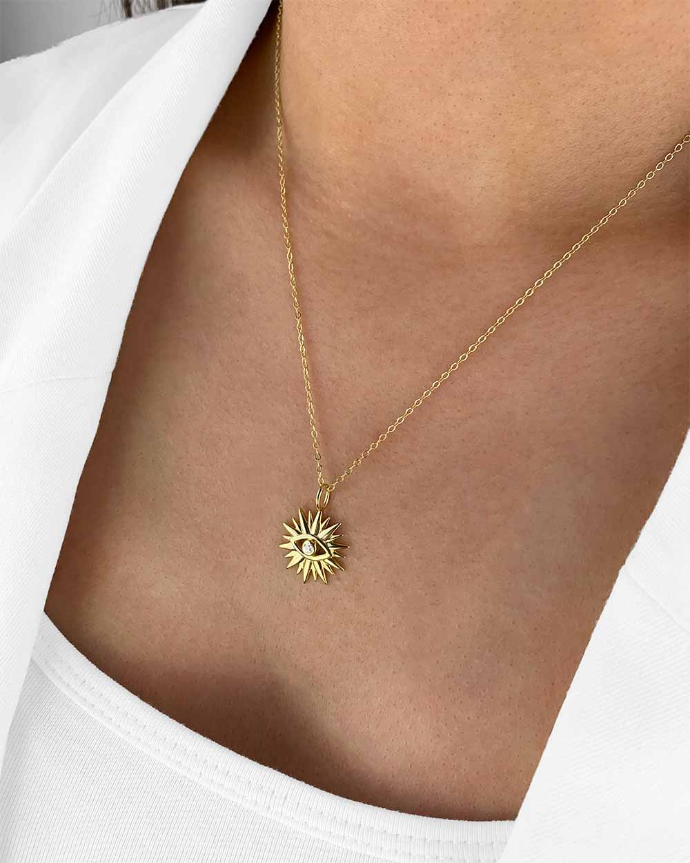 Damen Halskette Silber 925 vergoldet Stern Anhänger Sonne allsehendes Auge 'Sibella', goldene Silberkette & schützendes Auge dünne Kette mit Kristall