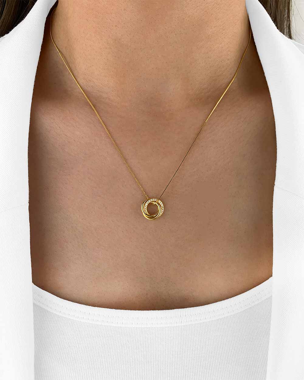 Damen Halskette Silber 925 vergoldet Anhänger 3 Ringe ineinander verschlungen 'Trinity', goldene Silberkette Trinity Kreis-Anhänger rund, dünne Kette