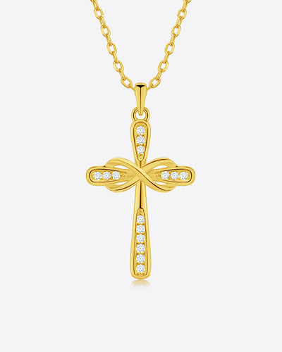 Damen Halskette Silber 925 vergoldet Anhänger Kreuz + Kristalle 'Theodora', filigrane Silberkette goldener Kreuzanhänger, dünne Kreuzkette mit Steinen