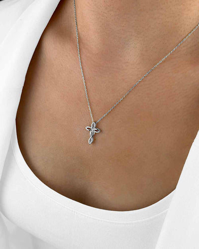 Damen Halskette Silber 925 Anhänger Kreuz mit Kristallen 'Liora', filigrane Silberkette silbener Kreuzanhänger, dünne Kreuzkette mit Steinen