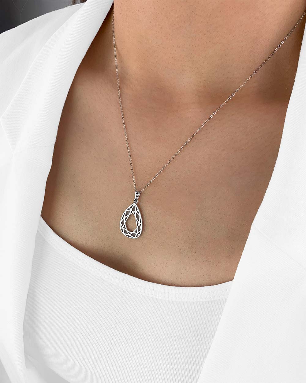 Damen Halskette Silber 925 Anhänger Mandala Tropfen 'Vivian', filigrane Silberkette mit Anhänger Polygon, dünne Kette echt Silber Netz Statement Kette