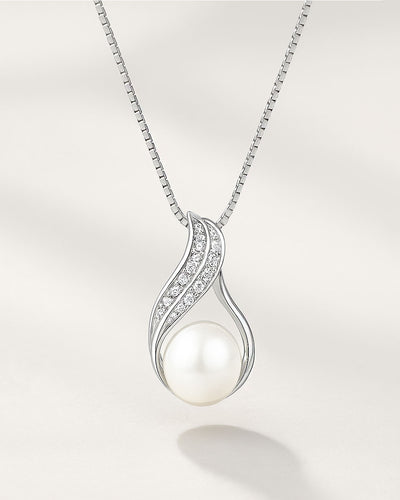 DANIEL CLIFFORD „Dalia“ Damen Halskette Silber 925 Anhänger Perle Süßwasserzucht Zirkonia Kristalle, 45cm Silberkette Perlenanhänger Sterlingsilber