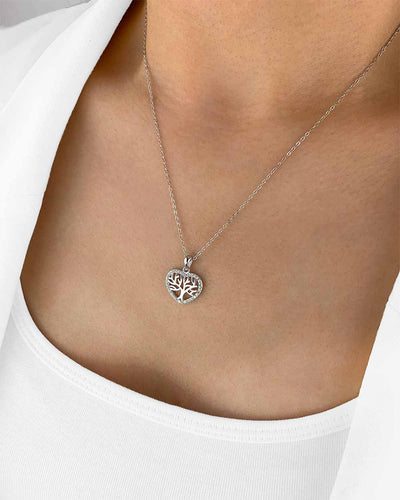 Damen Halskette Silber 925 Herz Anhänger Lebensbaum 'Silvie', filigrane Silberkette & Herzanhänger, dünne Kette mit Anhänger Baum des Lebens Herzkette