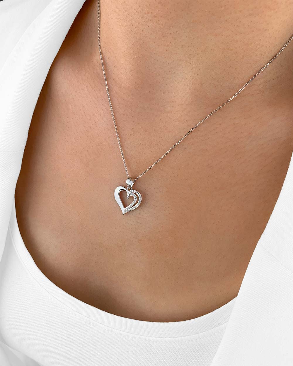 Damen Halskette Silber 925 Herz Anhänger Steinchen 'Vanessa', filigrane Herzkette Kristall Silberkette Herzanhänger Kette rhodiniert DANIEL CLIFFORD