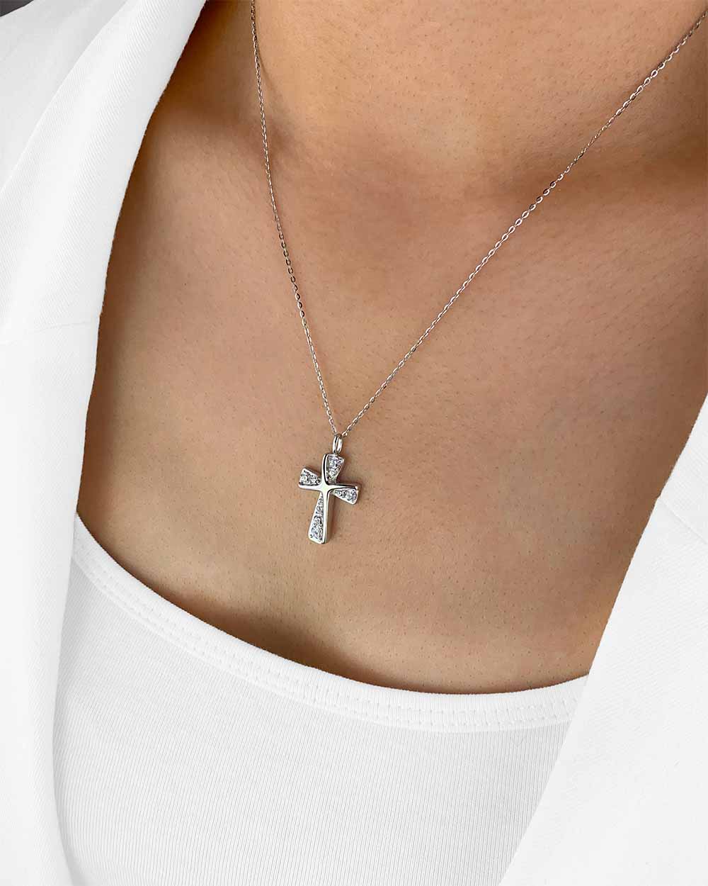 Damen Halskette Silber 925 Kristall Anhänger Kreuz 'Irene', filigrane Silberkette & Kreuzanhänger, dünne Kreuzkette kleines Kreuz Kette echt Silber