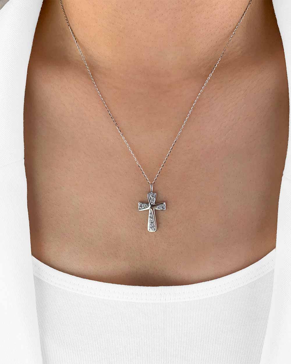 Damen Halskette Silber 925 Kristall Anhänger Kreuz 'Irene', filigrane Silberkette & Kreuzanhänger, dünne Kreuzkette kleines Kreuz Kette echt Silber