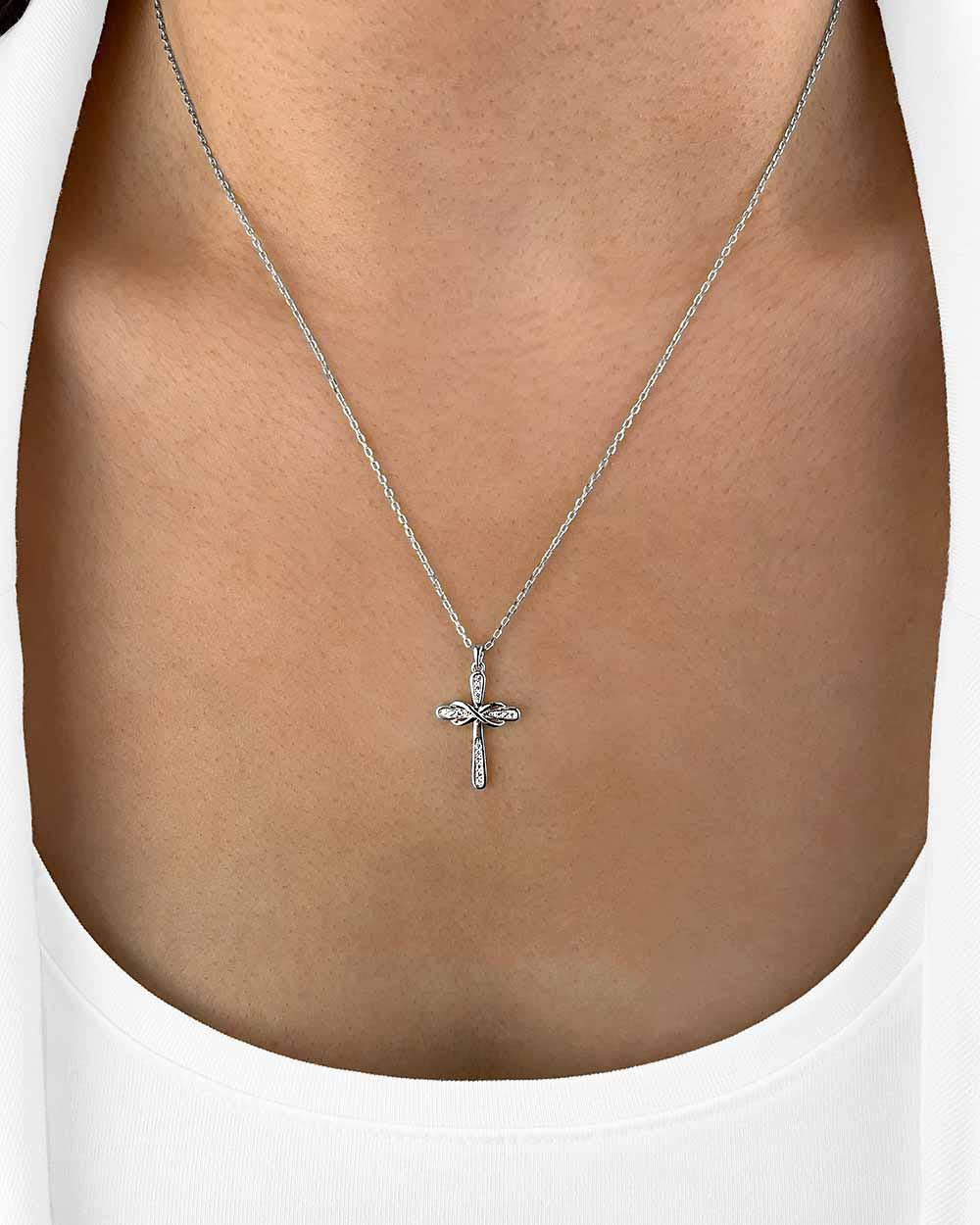 Damen Halskette Silber 925 Anhänger Kreuz + Kristalle 'Theodora', filigrane Silberkette Kreuzanhänger, dünne Kreuzkette mit Steinen