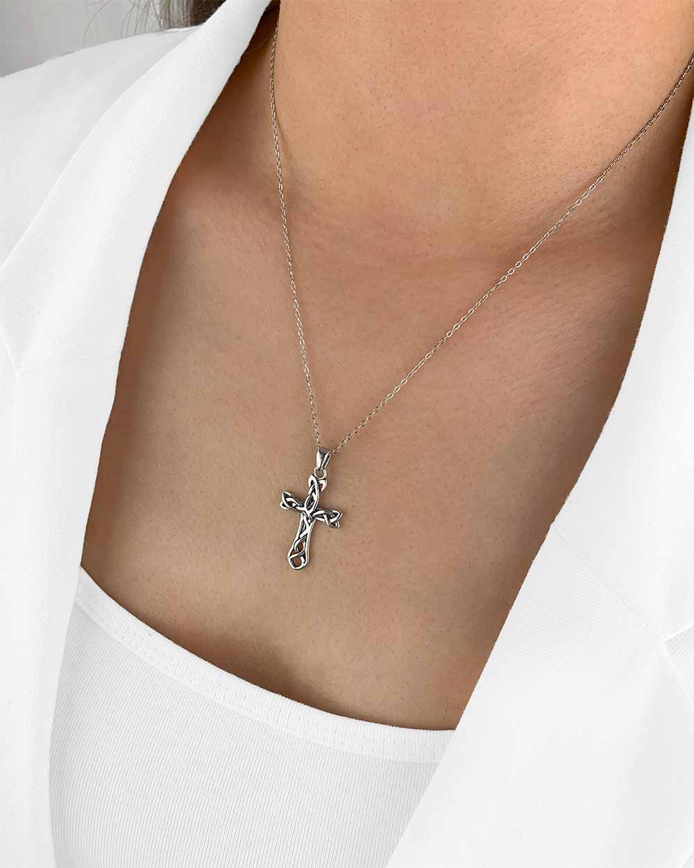 Damen Halskette Silber 925 Anhänger Kreuz 'Faith', filigrane Silberkette & Kreuzanhänger, dünne Kreuzkette keltischer Knoten Kreuz Kette echt Silber