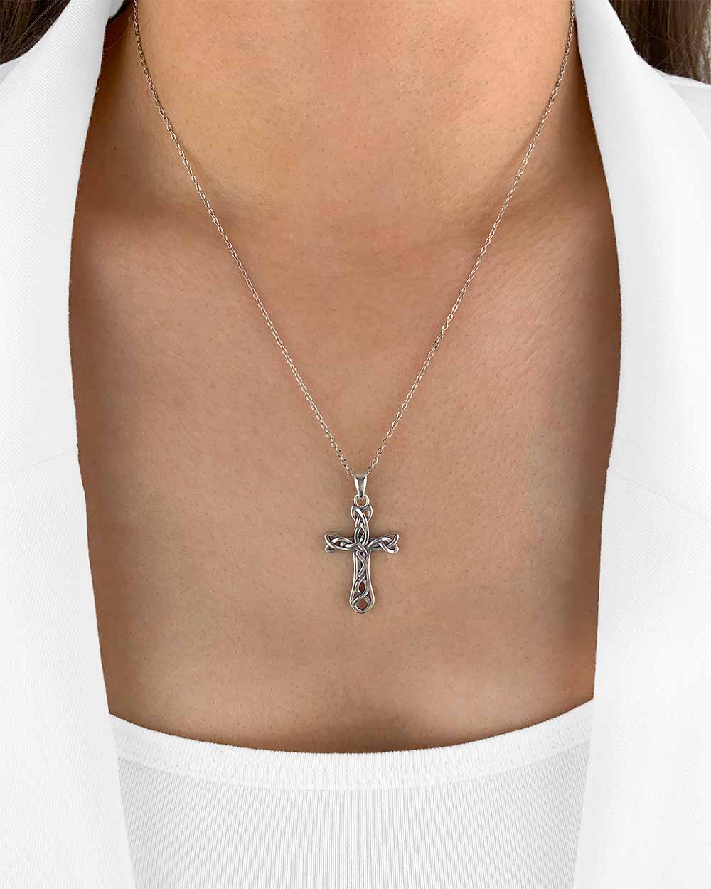Damen Halskette Silber 925 Anhänger Kreuz 'Faith', filigrane Silberkette & Kreuzanhänger, dünne Kreuzkette keltischer Knoten Kreuz Kette echt Silber