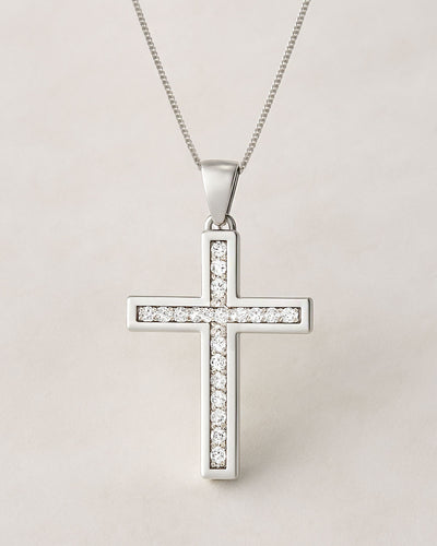 DANIEL CLIFFORD „Camille“ Damen Halskette Silber 925 Kreuz Anhänger, 45cm Kreuzkette Sterlingsilber Zirkonia Kristalle, Silberkette Kreuzanhänger