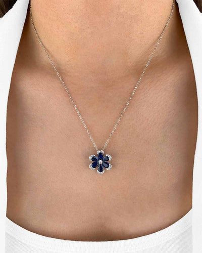 Damen Halskette Silber 925 Anhänger Blume Kristall blau 'Talira', filigrane Silberkette & blauer Blumenanhänger dünne Kette Blüte Blumenkette Zirkonia