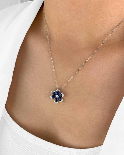 Damen Halskette Silber 925 Anhänger Blume Kristall blau 'Talira', filigrane Silberkette & blauer Blumenanhänger dünne Kette Blüte Blumenkette Zirkonia