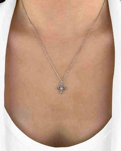 Damen Halskette Silber 925 Anhänger Kreuz Lilie 'Lilia', Silberkette Kreuzanhänger klein Lilienkreuz + Kristall, Fleur de lis Kreuzkette Ornamentkreuz