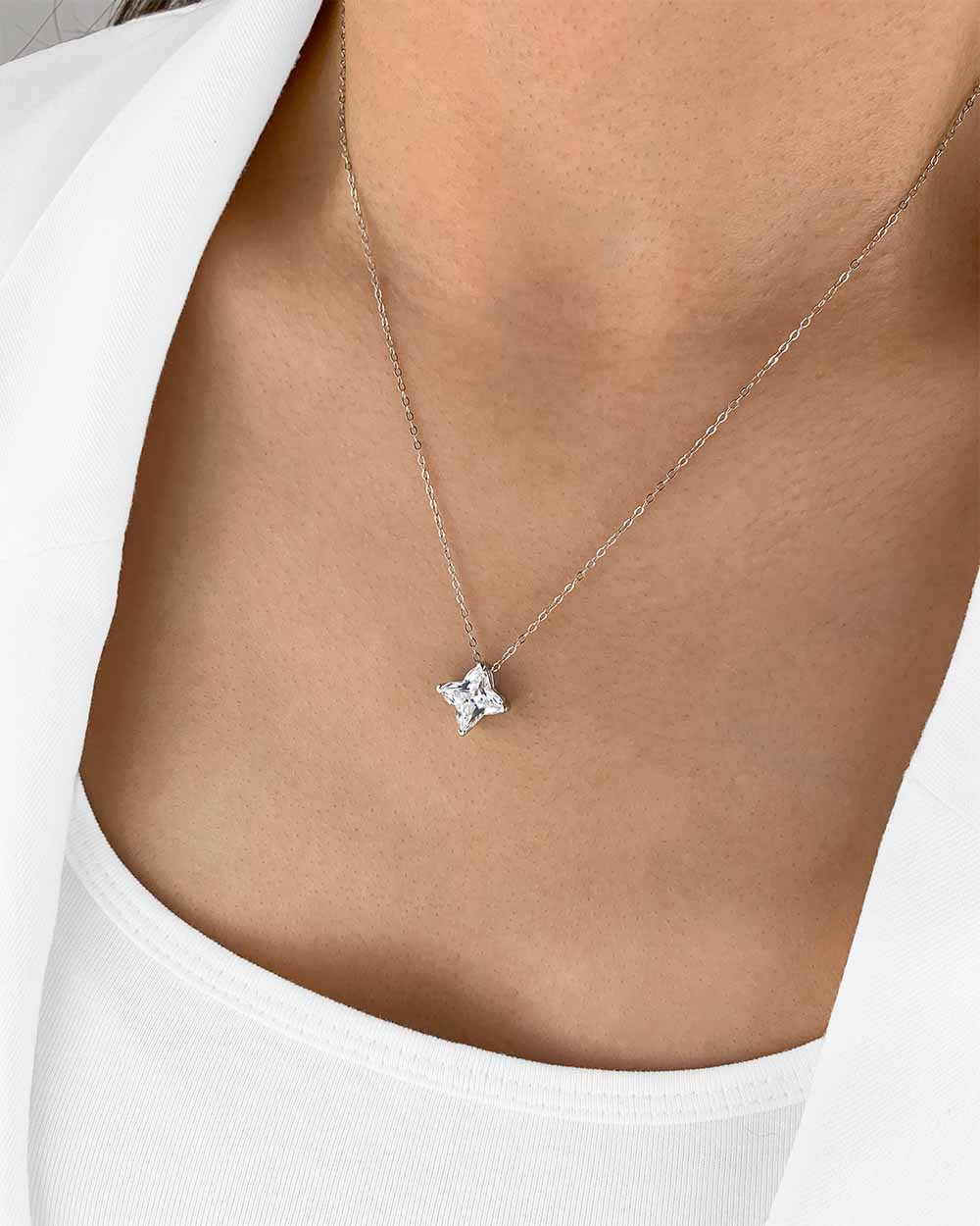 Damen Halskette Silber 925 Kristall Anhänger Stern 'Carly', filigrane Silberkette Kristallanhänger, dünne Kette Sternanhänger, Sternkette mit Stein