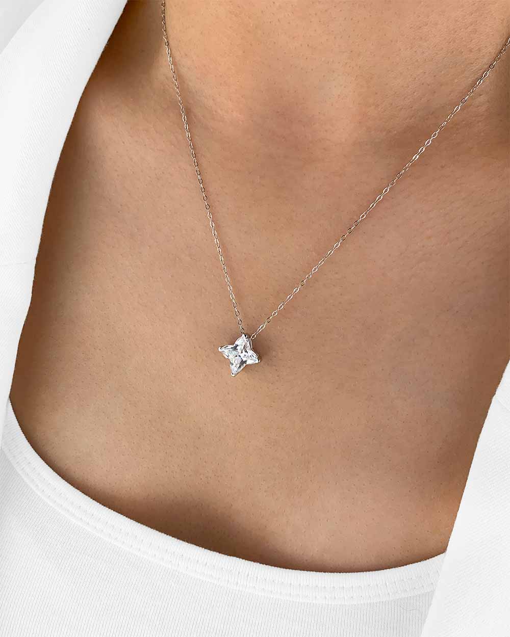 Damen Halskette Silber 925 Kristall Anhänger Stern 'Carly', filigrane Silberkette Kristallanhänger, dünne Kette Sternanhänger, Sternkette mit Stein