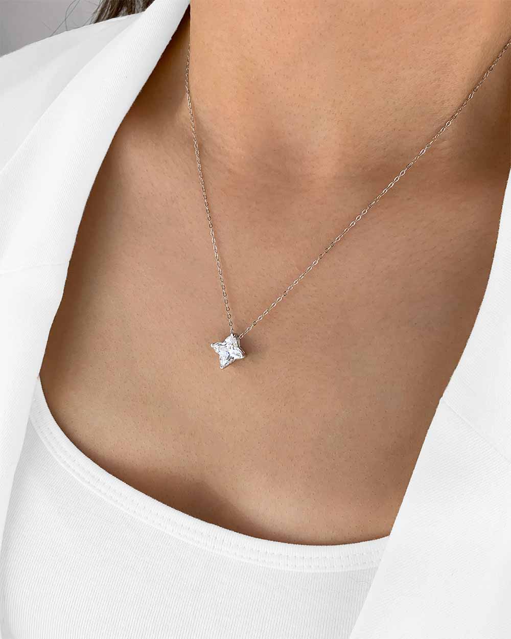 Damen Halskette Silber 925 Kristall Anhänger Stern 'Carly', filigrane Silberkette Kristallanhänger, dünne Kette Sternanhänger, Sternkette mit Stein