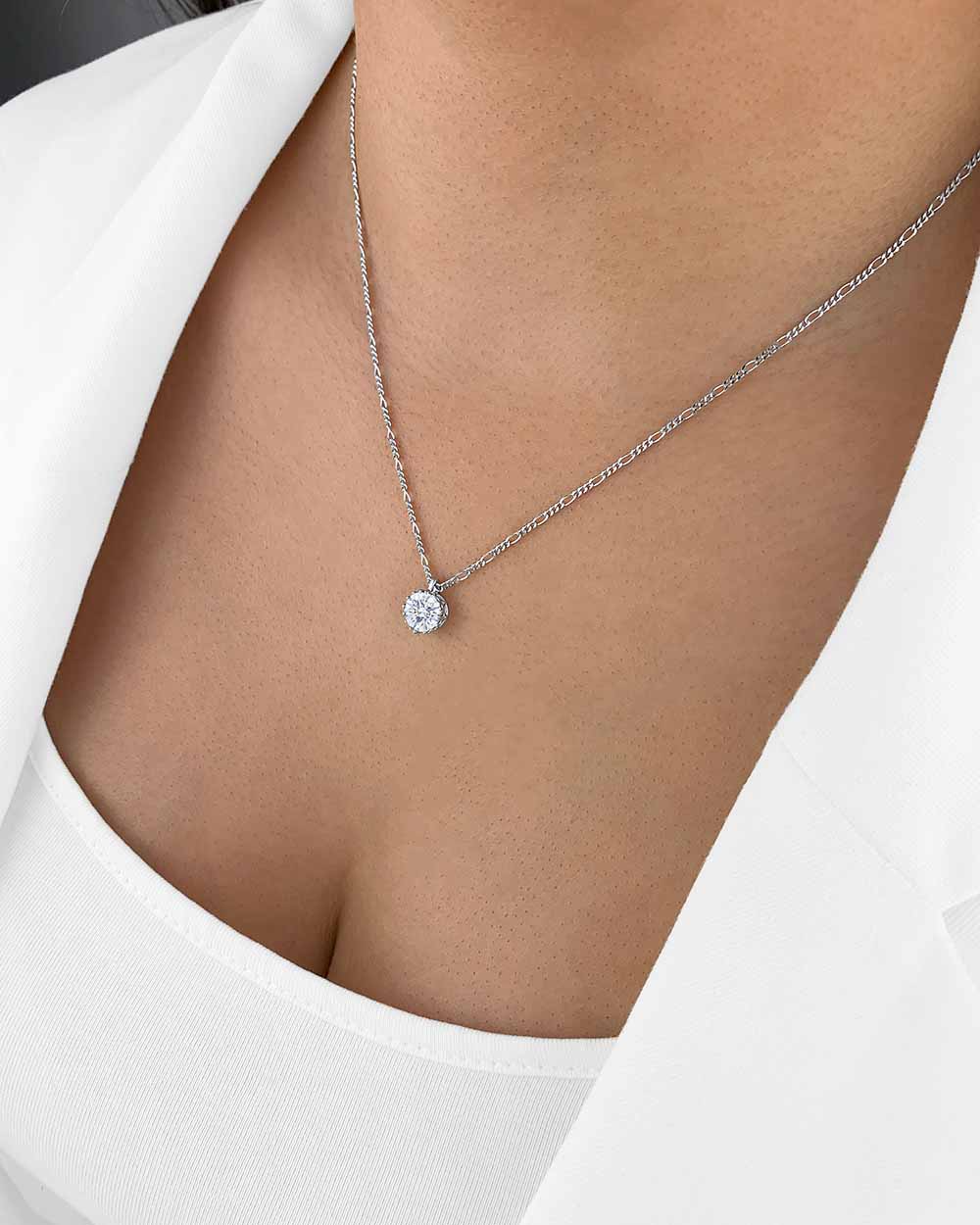 Damen Halskette Silber 925 Anhänger Kristall weiss 'Elora', filigrane Silberkette Kristallanhänger klein, Figaro Kette Stein hellblau, DANIEL CLIFFORD