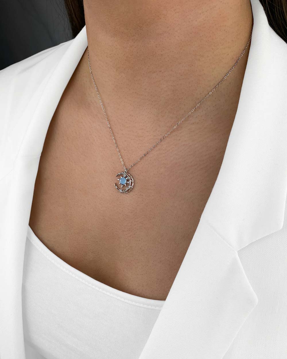 DANIEL CLIFFORD „Selena“ Damen Halskette Silber 925 mit Anhänger Mond Stein 45cm filigrane dünne Silberkette Mondanhänger Damen Kette Silber Mondstein 