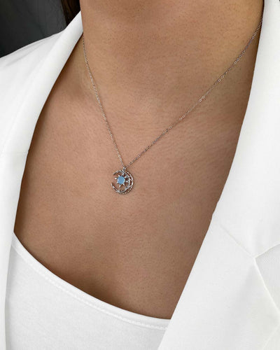 DANIEL CLIFFORD „Selena“ Damen Halskette Silber 925 mit Anhänger Mond Stein 45cm filigrane dünne Silberkette Mondanhänger Damen Kette Silber Mondstein 