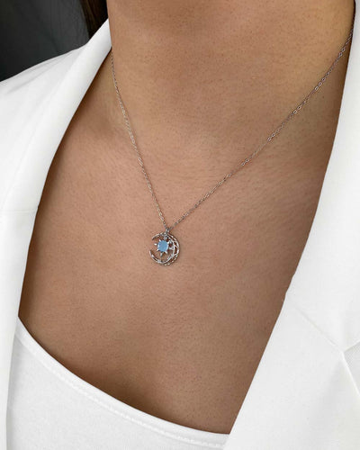 DANIEL CLIFFORD „Selena“ Damen Halskette Silber 925 mit Anhänger Mond Stein 45cm filigrane dünne Silberkette Mondanhänger Damen Kette Silber Mondstein 