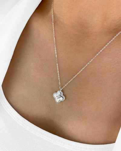 Damen Halskette Silber 925 Clover Anhänger Vierpass Kristall Stein 'Madlen', filigrane Silberkette Kristallanhänger rundes Viereck Quatrefoil Kette