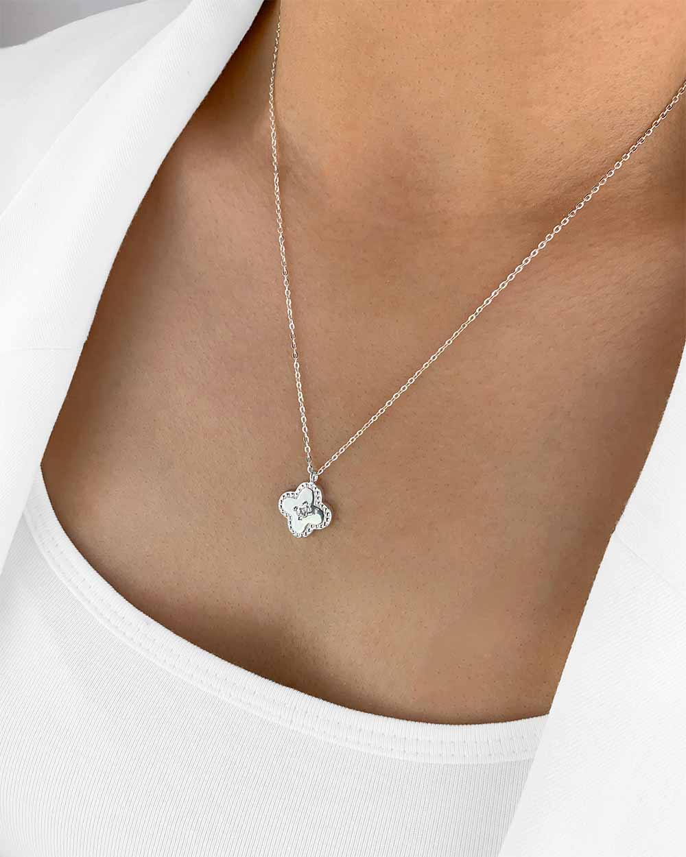 Damen Halskette Silber 925 Clover Anhänger Vierpass Kristall Stein 'Madlen', filigrane Silberkette Kristallanhänger rundes Viereck Quatrefoil Kette